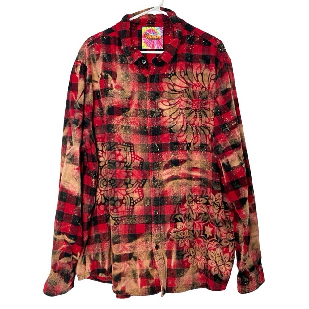 Handmade Floral Flannel Shirt Mens Size XXL Unisex 2X Bleached Plaid Button Down